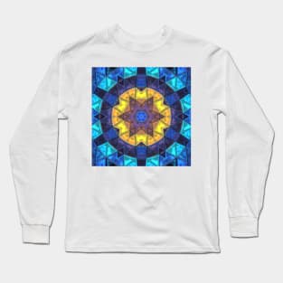 Mosaic Kaleidoscope Flower Blue and Yellow Long Sleeve T-Shirt